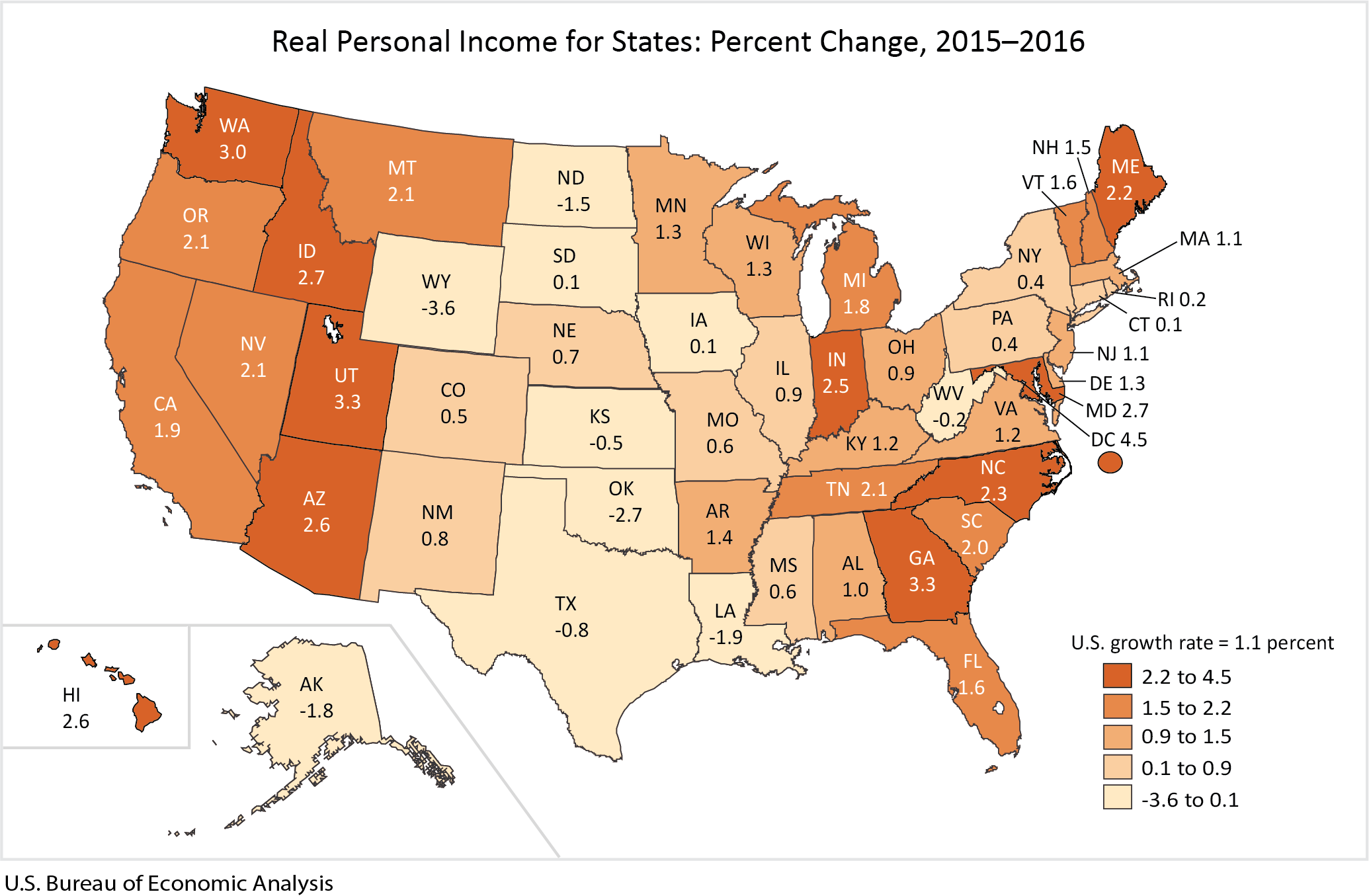 Real Personal Income for States and Metropolitan Areas, 2016 Map