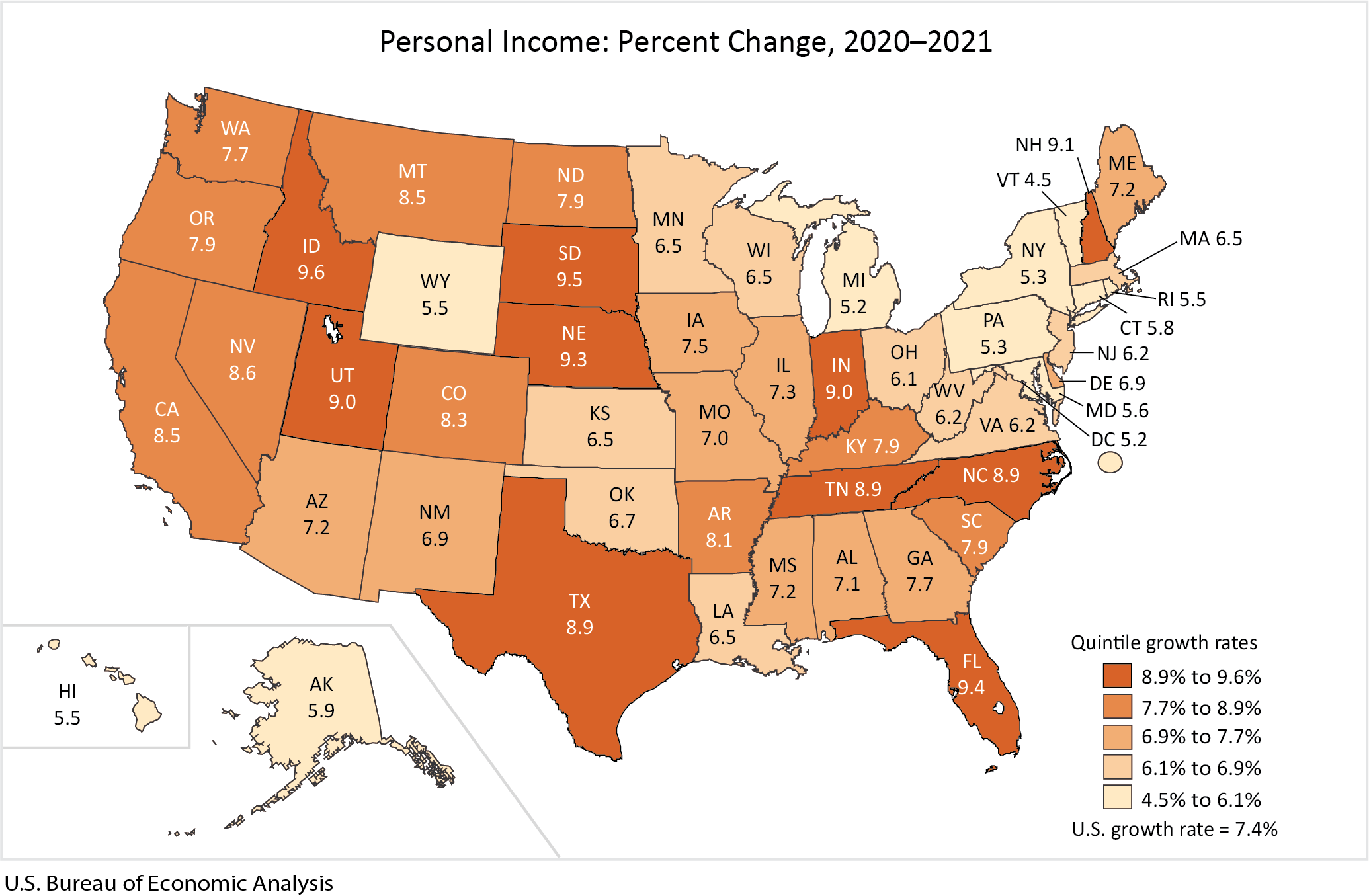 map: Personal Income: Percent Change, 2020-2021 
