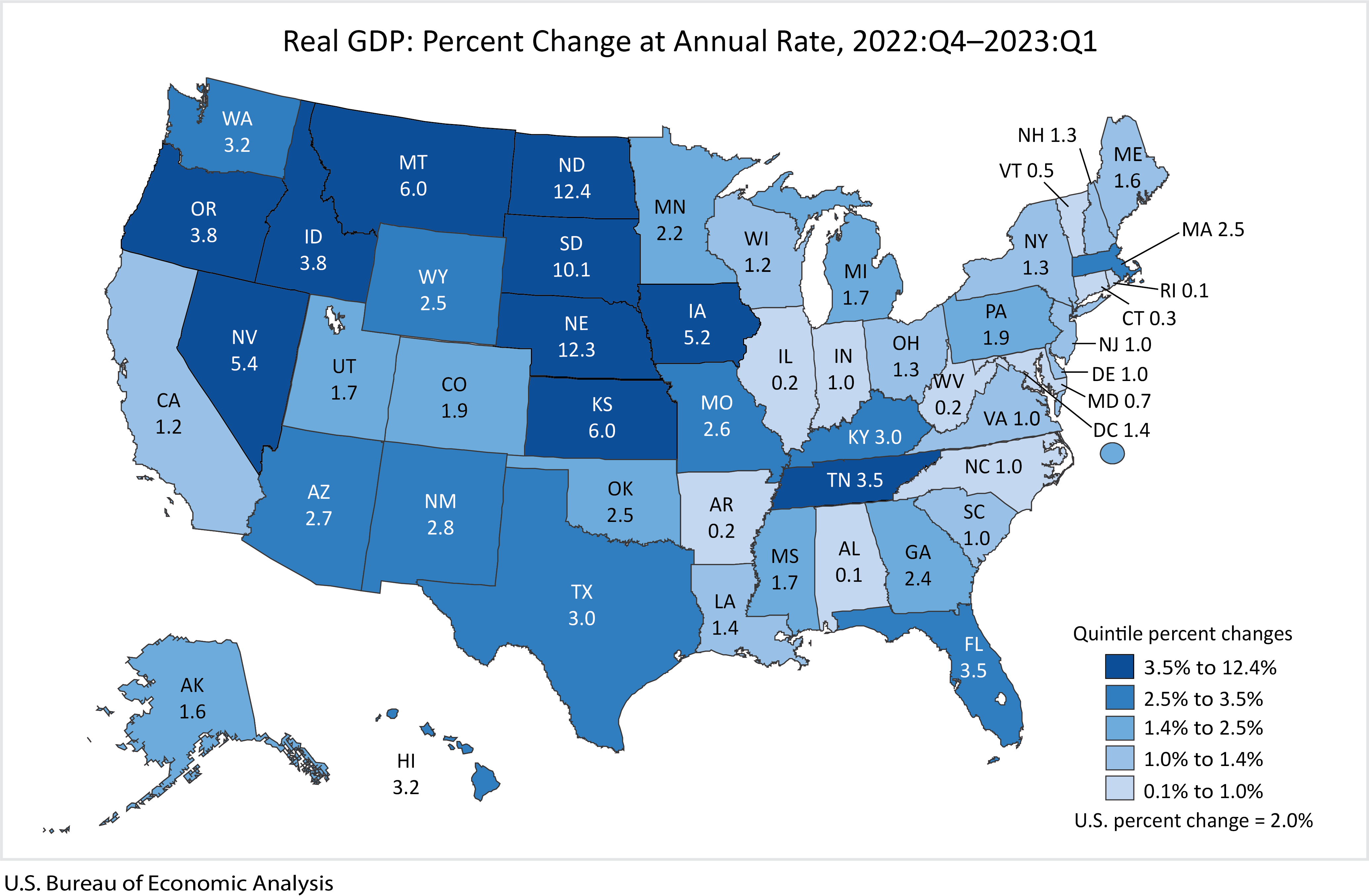 Map of USA showing GDP percent change at annual rate 2022 4th Quarter to 2023 1st Quarter.