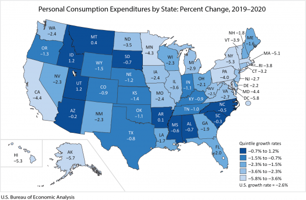 Map: Personal Consumption Expenditures by State: Percent Change, 2019-2020   