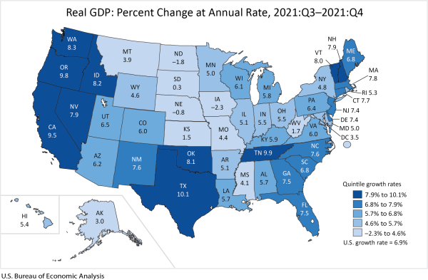 Map: Real GDP: Percent Change at Annual Rate, 2021:Q2-2021:Q4